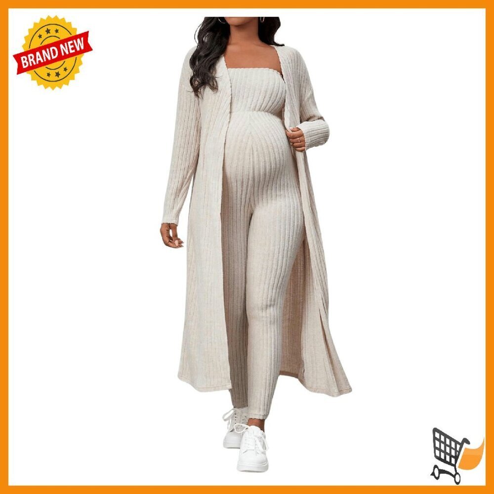 Maternity Ribbed Jumpsuit Cardigan Set Strapless Long Sleeve Outfit
